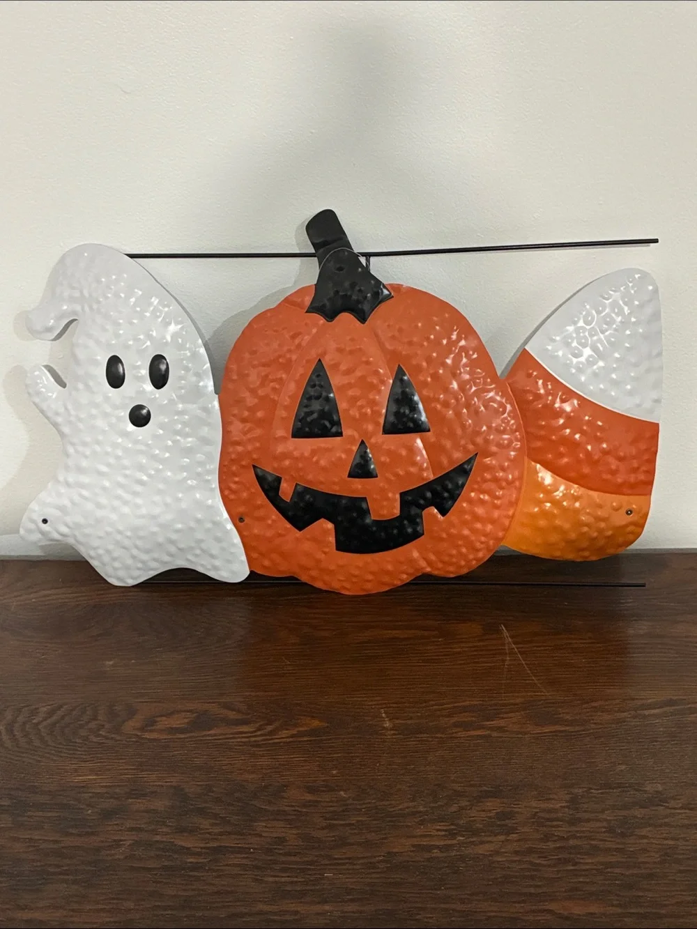 NWT-Metal Halloween Yard Stake Sign w/ Ghost, Jack-o-lantern & Candy Corn 26x20